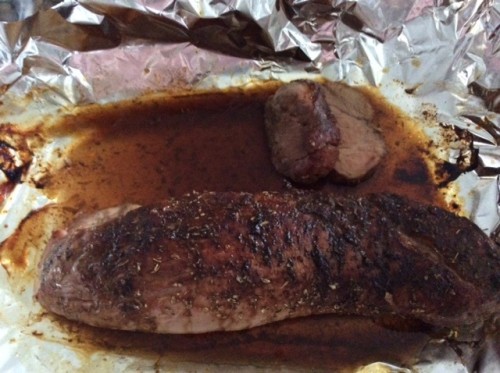 A shot of the tenderloin fresh out of the oven. Look at that beautiful brown color and juice.